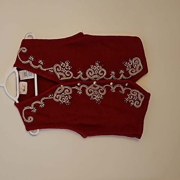 VTG KATHIE LEE 1980s Red Gold Beaded Button Down Valentine's Sweater Vest - Picture 5 of 9